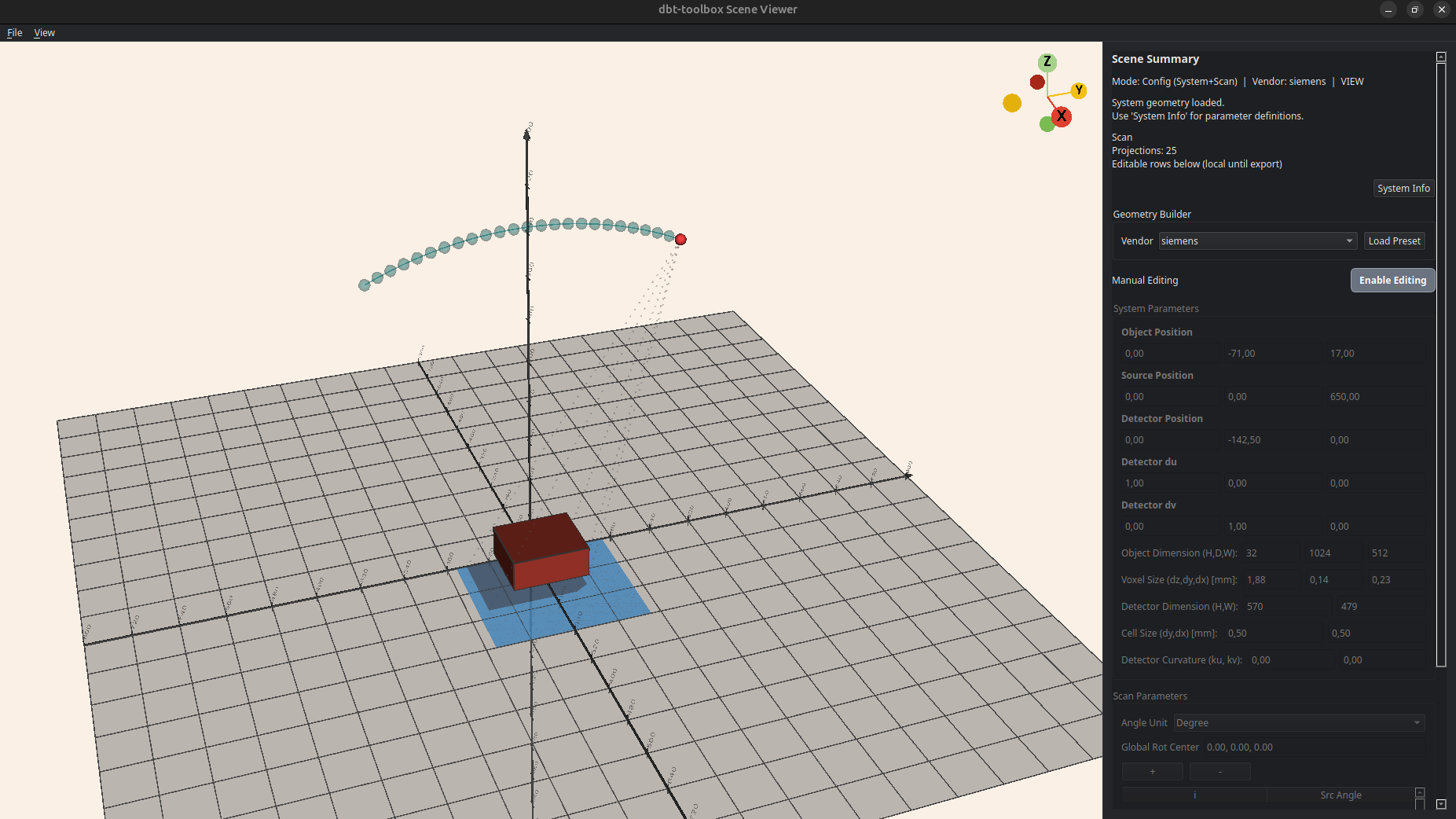 Sahne Görüntüleyici — kaynak yörüngesi ve phantom geometrisi