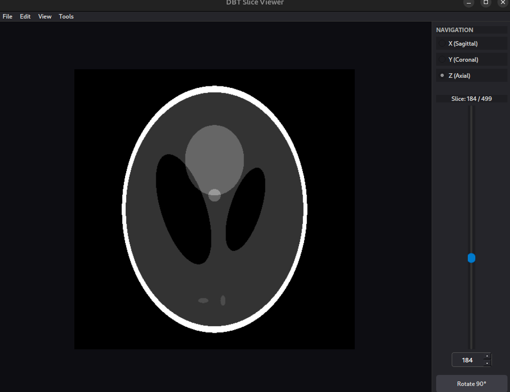 DBT Slice Viewer — 499 dilimlik hacmin aksiyel kesiti